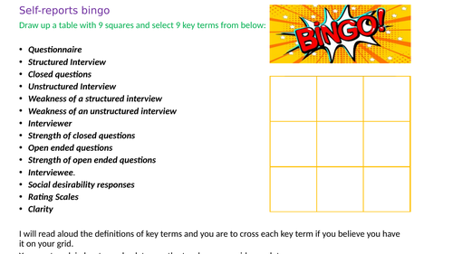Self-Report Bingo (Interview and Questionnaires) - Research Methods - Psychology