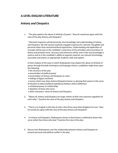 A Level English Literature "ANTONY AND CLEOPATRA" bank of essay questions