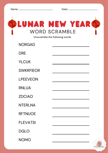 Lunar New Year Word Unscramble