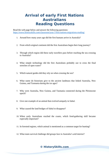 Arrival of early First Nations Australians Reading Questions Worksheet