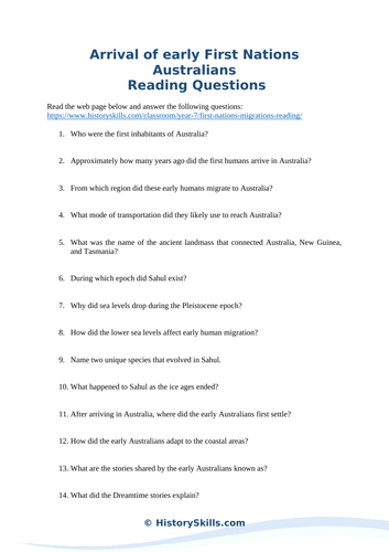 Arrival of early First Nations Australians Reading Questions Worksheet
