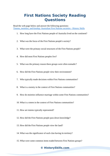Australian First Nations Society Reading Questions Worksheet