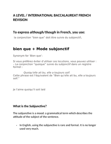French A LEVEL REVISION of Bien que + SUBJUNCTIVE