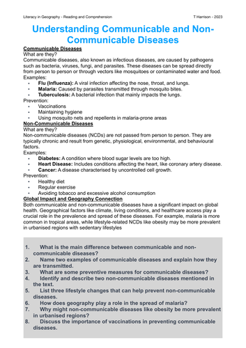 Literacy in Geography (Reading) - Understanding Communicable and Non- Communicable Diseases