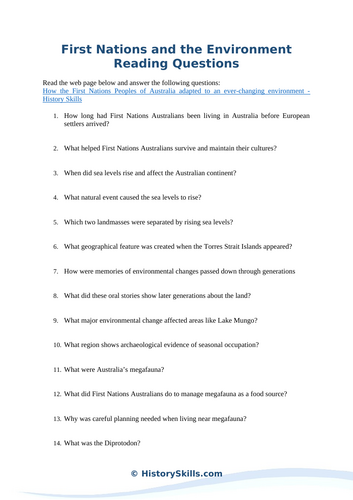 Australian First Nations and the Environment Reading Questions Worksheet