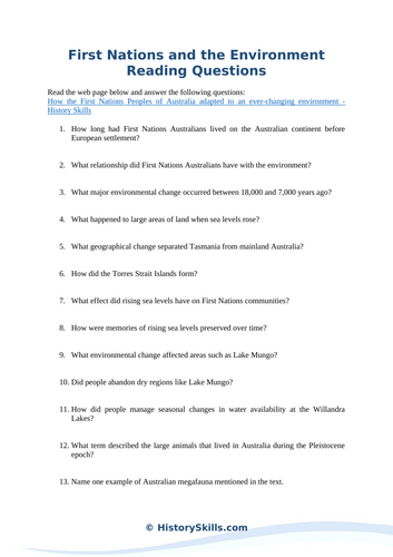 Australian First Nations and the Environment Reading Questions Worksheet