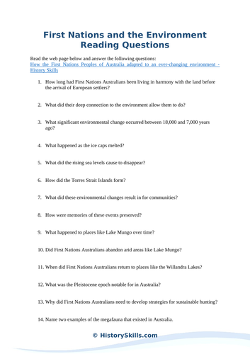 Australian First Nations and the Environment Reading Questions Worksheet