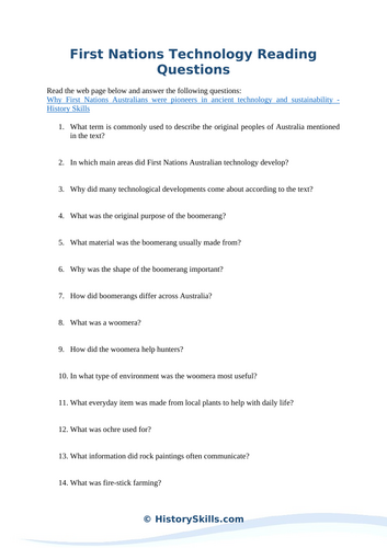 Australian First Nations Technology Reading Questions Worksheet