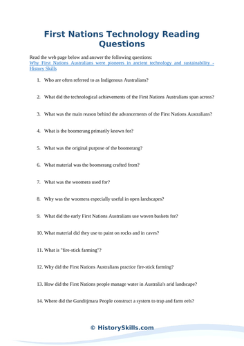 Australian First Nations Technology Reading Questions Worksheet