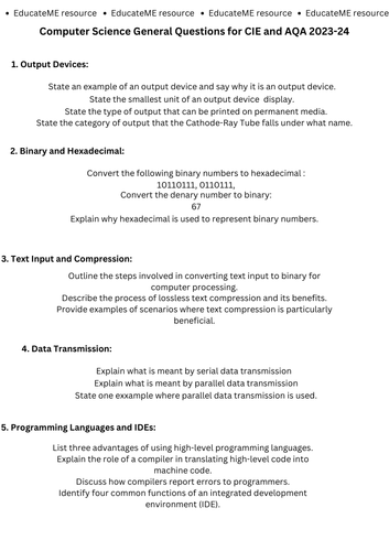 Computer Science General Questions for CIE and AQA 2023 (Shorter version Part 2)