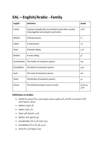 EAL – English/Arabic - Family Vocabulary   PDF Download