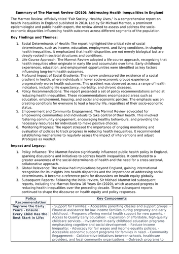 Summary of The Marmot Review (2010): Addressing Health Inequalities in England