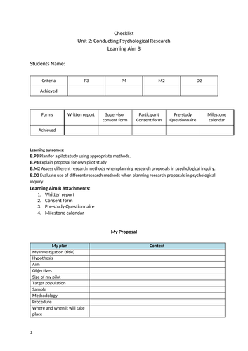 Checklist: Unit 2 Learning Aim B Level 3 BTEC Applied Psychology