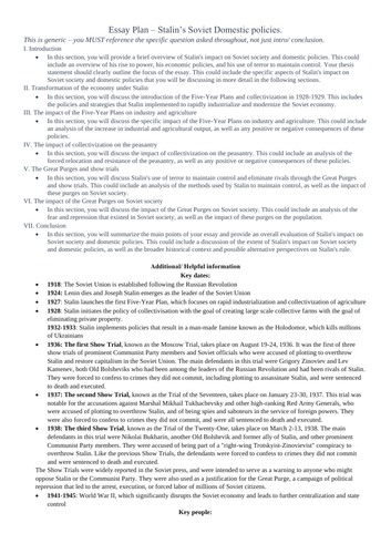 Leaving Cert/ A Level History Essay Plan - Stalin's Domestic Policies