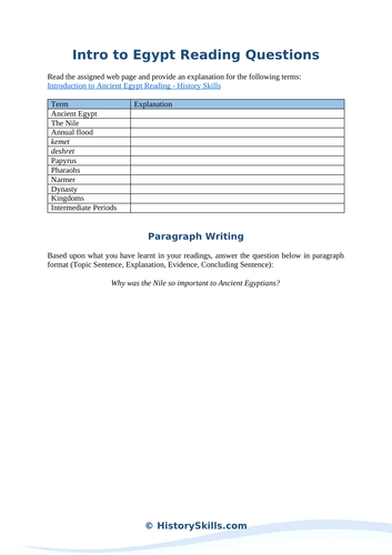 Intro to Egypt Reading Questions Worksheet