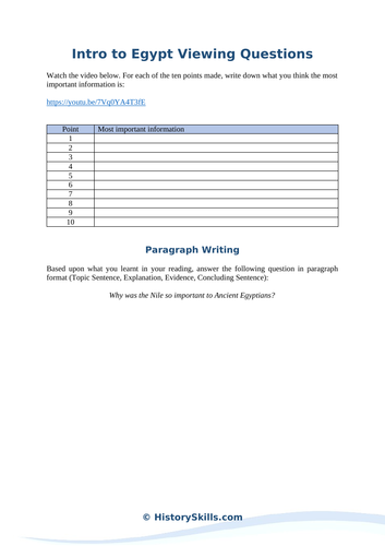 Intro to Egypt Video Viewing Questions Worksheet