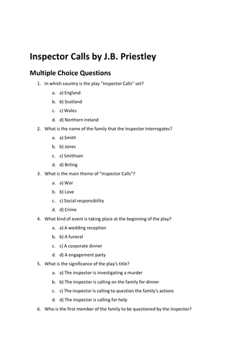 Inspector Calls by J.B. Priestley Multiple Choice Assessment