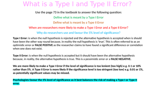 What is probability/significance and type I and Type II error? A2 Research Methods - Psychology AQA