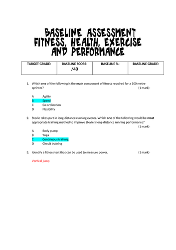 Fitness, Health, Exercise and Performance Topic Test