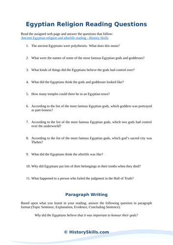 Egyptian Religion Reading Questions Worksheet