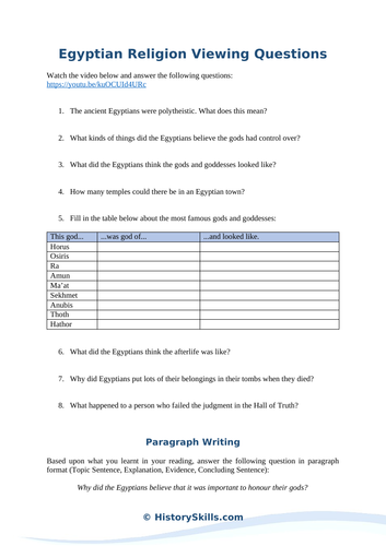 Egyptian Religion Video Viewing Questions Worksheet