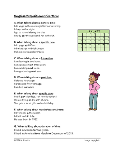 English Prepositions with Time: ESL /ELL/EFL (Handout + Worksheet)