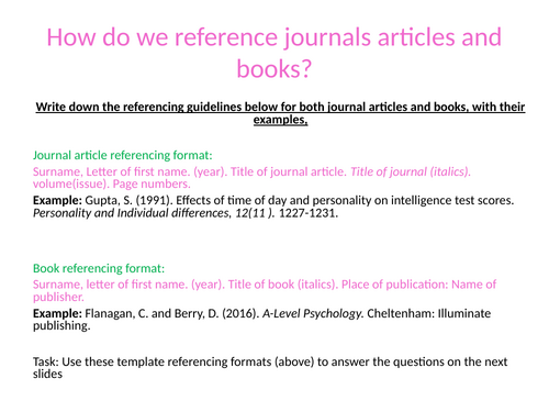 Reporting Psychological Investigations - Sections of a scientific report - Referencing A Level Psych