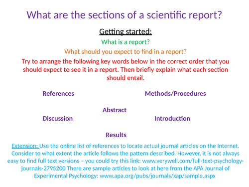 A2 Research M:Reporting Psychological Investigations - Sections of a scientific report - Referencing