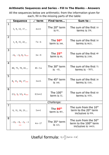 Arithmetic Sequences and Series - Fill In The Blanks