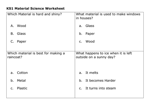 KS1 Science Material Worksheet/Quiz