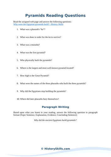 Egyptian Pyramids Reading Questions Worksheet