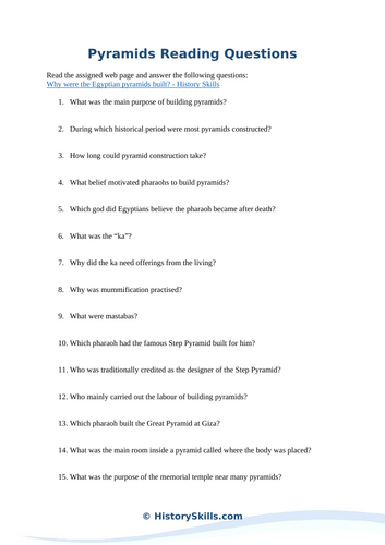 Egyptian Pyramids Reading Questions Worksheet