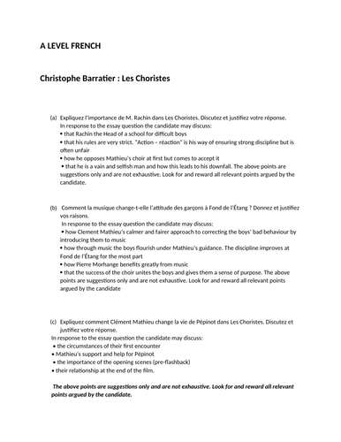 Christophe Barratier : Les Choristes ; a bank of A Level Questions