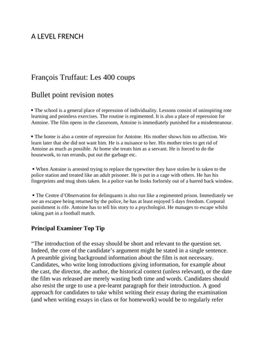 François Truffaut: Les 400 coups: A LEVEL FRENCH a bank of essay questions