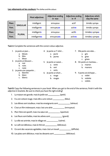 Adjective agreement worksheet French