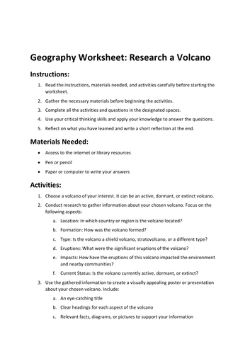 Geography Worksheet: Research a Volcano