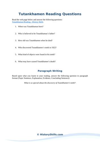 Tutankhamen Reading Questions Worksheet