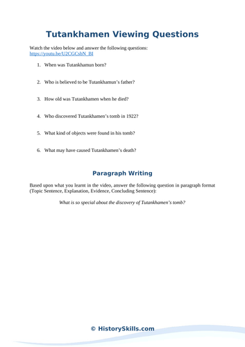 Tutankhamun Video Viewing Questions Worksheet