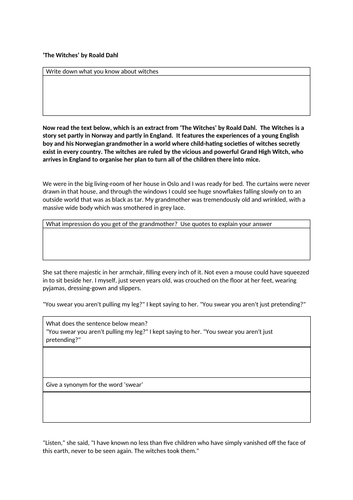 The Witches Roald Dahl Comprehension and Original Writing KS3