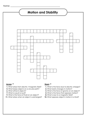 Wordsearches and Crosswords for Secondary  Science - Motion and Stability