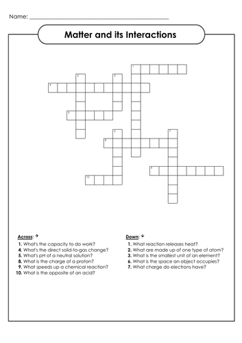 Wordsearches and Crosswords for Secondary  Science - Matter and its Interactions