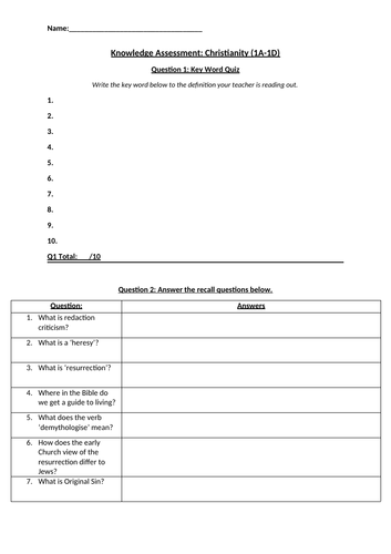 Eduqas/WJEC A level Christianity Theme 1A,B,C,D Assessment AND Mark Scheme