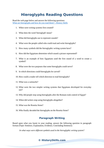 Ancient Egyptian Hieroglyphs Reading Questions Worksheet