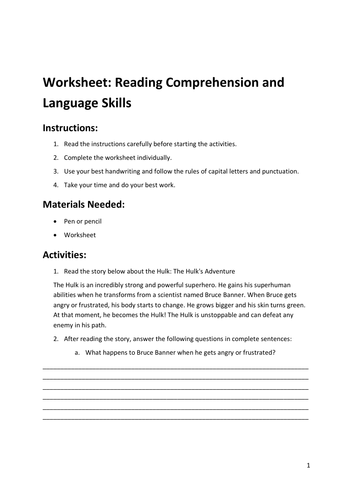 Worksheet: Reading Comprehension and Language Skills
