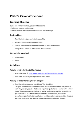 Plato's Cave Worksheet | Teaching Resources