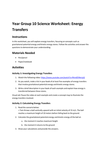 Worksheet: Energy Transfers