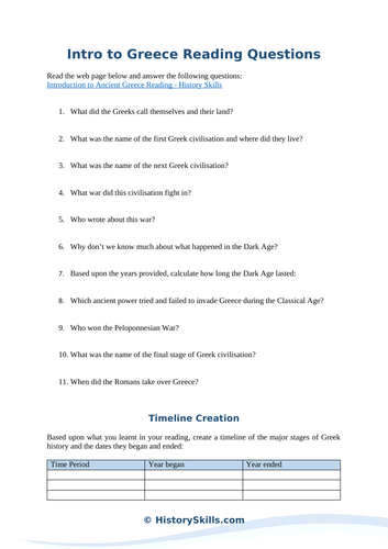 Introduction to Ancient Greece Reading Questions Worksheet