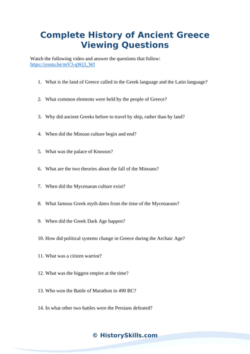 History of Ancient Greece Video Viewing Questions Worksheet