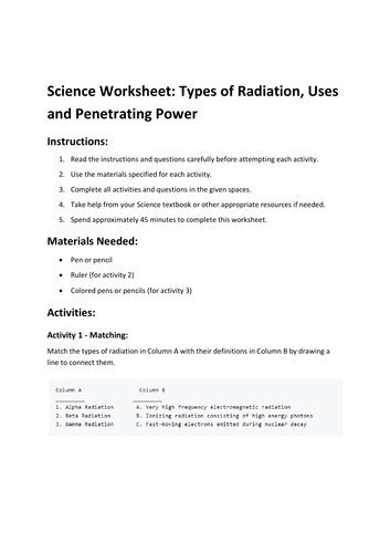Science Worksheet: Types of Radiation, Uses and Penetrating Power