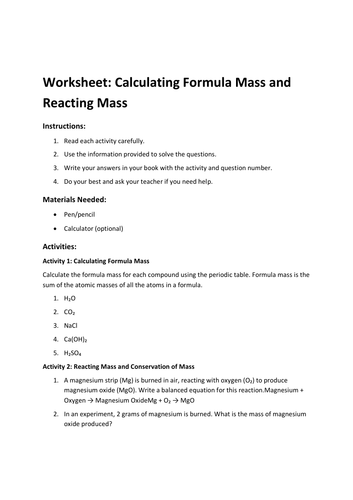 Worksheet: Calculating Formula Mass and Reacting Mass | Teaching Resources